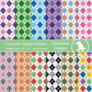 Puede incluir: Doce papeles digitales con patrones de argyle coloridos. Cada papel mide 30,5 cm por 30,5 cm. El texto "Colourful Argyle Pattern" y "Kingfisher Designs" se muestra en la imagen.