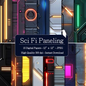 Può includere: Carte digitali a tema fantascientifico. L'immagine mostra vari pannelli con texture metalliche, luci al neon e design geometrici. Il testo sull'immagine recita "Sci Fi Paneling" e "15 Fogli Digitali - 30.48cm x 30.48cm - JPEG".
