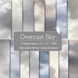 Pode incluir: Uma coleção de 15 papéis digitais com padrões de céu nublado. Cada papel mede 30,48 cm x 30,48 cm e é um arquivo JPEG de alta qualidade a 300 dpi. A imagem inclui uma faixa cinza com o texto "Overcast Sky".