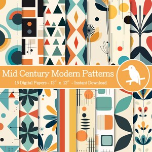 May include: A set of 15 digital papers featuring mid-century modern patterns in a variety of colors and geometric shapes. The papers are 12 inches by 12 inches and are perfect for crafting, scrapbooking, and other creative projects.