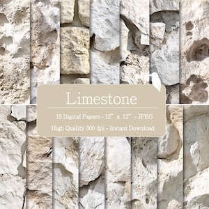 Puede incluir: Paquete de papel digital con texturas de piedra caliza. La imagen muestra 15 papeles digitales, cada uno de 30,48 cm x 30,48 cm, con una alta resolución de 300 ppp. Los papeles muestran una variedad de patrones de piedra blanquecina y beige.