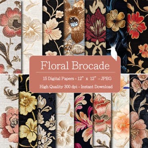 May include: A collection of 15 digital floral brocade papers, each 12 inches by 12 inches. The papers feature various floral designs in colors like red, gold, and cream, with a high-quality 300 dpi resolution. The text "Floral Brocade" is displayed.