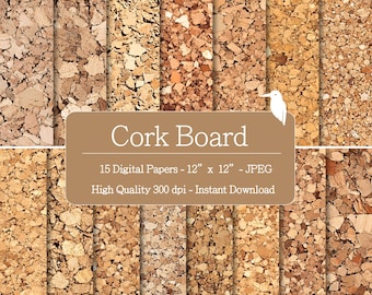 May include: A selection of 15 digital cork board papers, each 30.48 cm by 30.48 cm, in shades of brown. The image features the text "Cork Board" and details about the high-quality, instant download JPEG files.