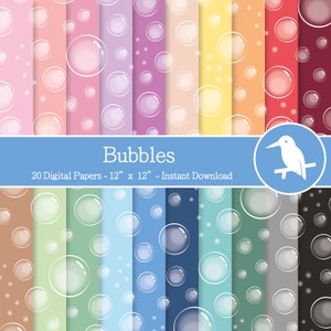 Könnte beinhalten: Ein Set mit 20 digitalen Papieren mit einem Blasenmuster in verschiedenen Farben. Jedes Papier ist 30,5 cm x 30,5 cm groß. Die Papiere eignen sich perfekt zum Scrapbooking, Kartenbasteln und für andere Bastelprojekte.