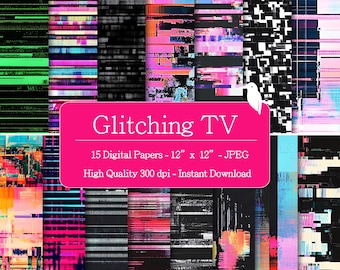 Glitching tv-texturen digitale papers set voor directe download, digitale patronen, scrapbooking en knutselen, afdrukbare patronen