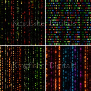 May include: Four panels displaying a digital binary code pattern. The code consists of vertical streams of 0s and 1s in various colors, including red, green, orange, and blue, against a black background.