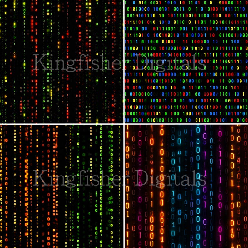 May include: Four panels displaying a digital binary code pattern. The code consists of vertical streams of 0s and 1s in various colors, including red, green, orange, and blue, against a black background.