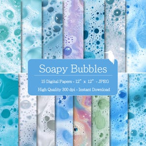 May include: A collection of 15 digital papers with a soapy bubbles theme. The papers are 12" x 12" in size and feature various shades of blue, white, and purple. The image includes the text "Soapy Bubbles" and "High Quality 300 dpi - Instant Download."