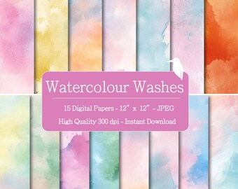 Puede incluir: Una colección de 15 papeles digitales de acuarela, cada uno de 30,48 cm x 30,48 cm, en varios colores pastel. La imagen incluye el texto "Watercolour Washes" y "High Quality 300 dpi - Instant Download".