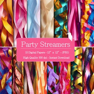 May include: A collection of colorful party streamers in various shades of pink, blue, gold, and orange. The image includes a pink banner with the text "Party Streamers" and details about the digital papers, each 12" x 12".