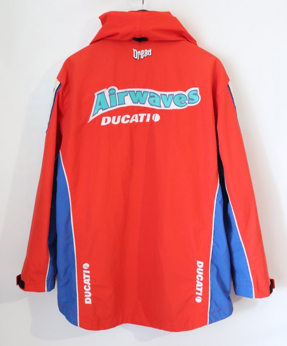 Airwaves Ducati Motorcycle Racing Team Crew Windbreaker Jacket Coat Top Men's Size L (Large) Orange Full Zipper Hood Vintage Motorbike Dread