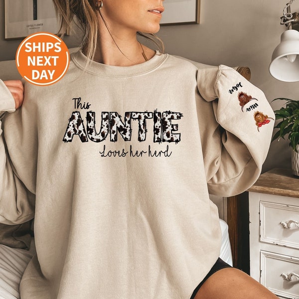 Custom Cow Aunt Sweatshirts, Personalized Gifts, Mothers Day Gift, Auntie Long Sleeve, New Aunt Sweaters, Custom Farmer, Mama Loves Her Herd