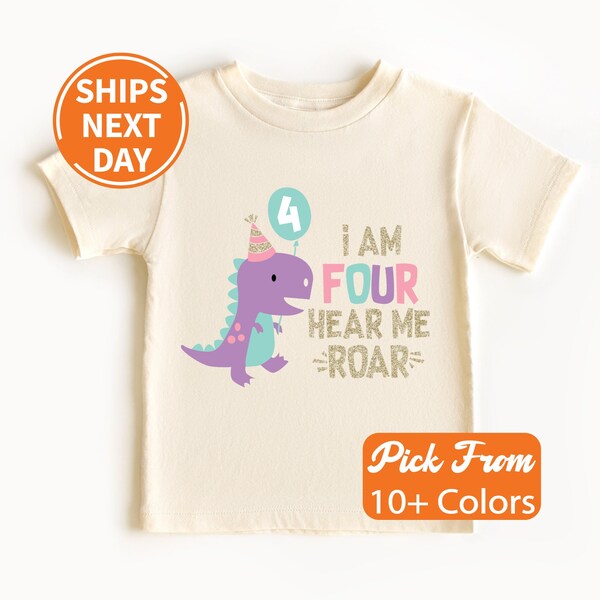 I am Four Hear Me Roar, 5th Birthday Girl Dinosaur Shirt Kids, Dino Birthday, Girl Dinosaur Gift, Dinosaur Toddler Girl, Custom Birthday Tee