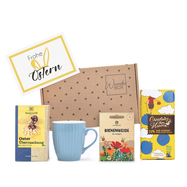Oster Geschenk Geschenkset Box mit Tee & Hellblaue Tasse mit Bienenweide - Bio Saatgut