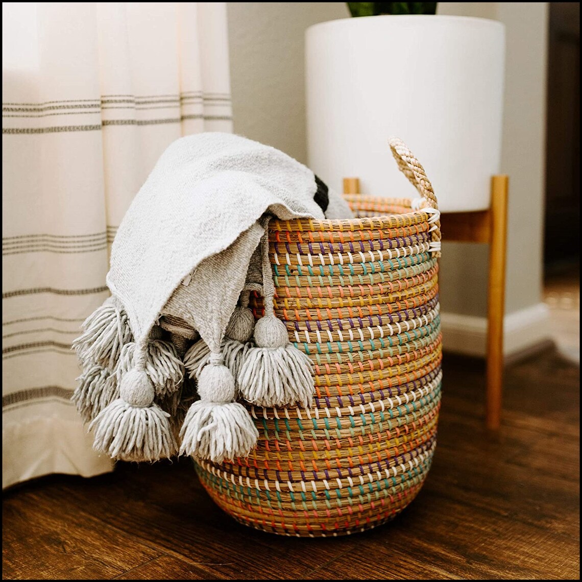 Home decor Boho Basket Floor Basket for Blankets Throws Etsy