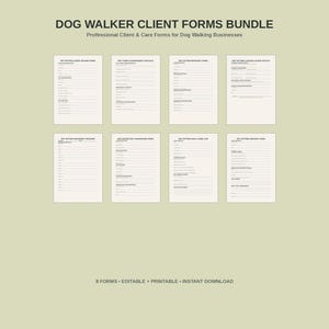 Könnte beinhalten: Ein digitales Bündel von acht Hundeausführer-Kundenformularen auf hellgrünem Hintergrund. Der Text lautet DOG WALKER CLIENT FORMS BUNDLE, Professional Client & Care Forms for Dog Walking Businesses, und 8 FORMS • EDITABLE • PRINTABLE • INSTANT DOWNLOAD.