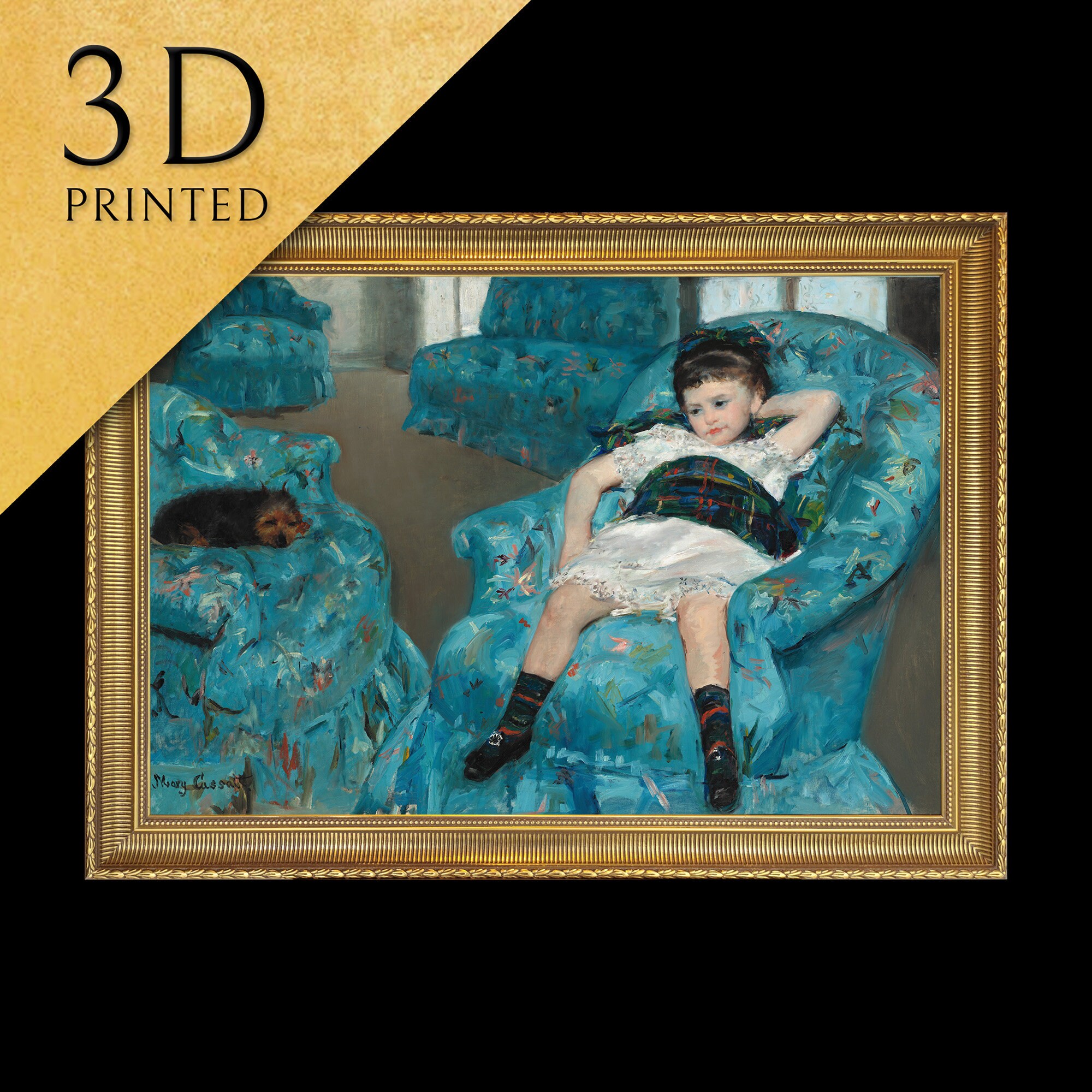 メアリー・カサットの版画：青い肘掛け椅子の少女、3Dテクスチャ複製
