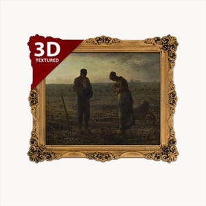 Puede incluir: Una reproducción enmarcada de la pintura El Ángelus de Jean-François Millet, que muestra a dos figuras en un campo al atardecer. La obra está dentro de un marco dorado ornamentado con detalles oscuros y una etiqueta de textura 3D en la esquina.