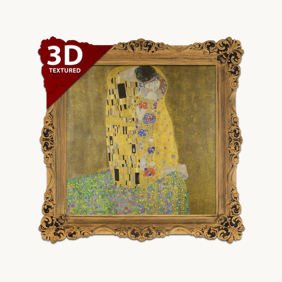 グスタフ・クリムト作「接吻」：3Dテクスチャードアートプリント