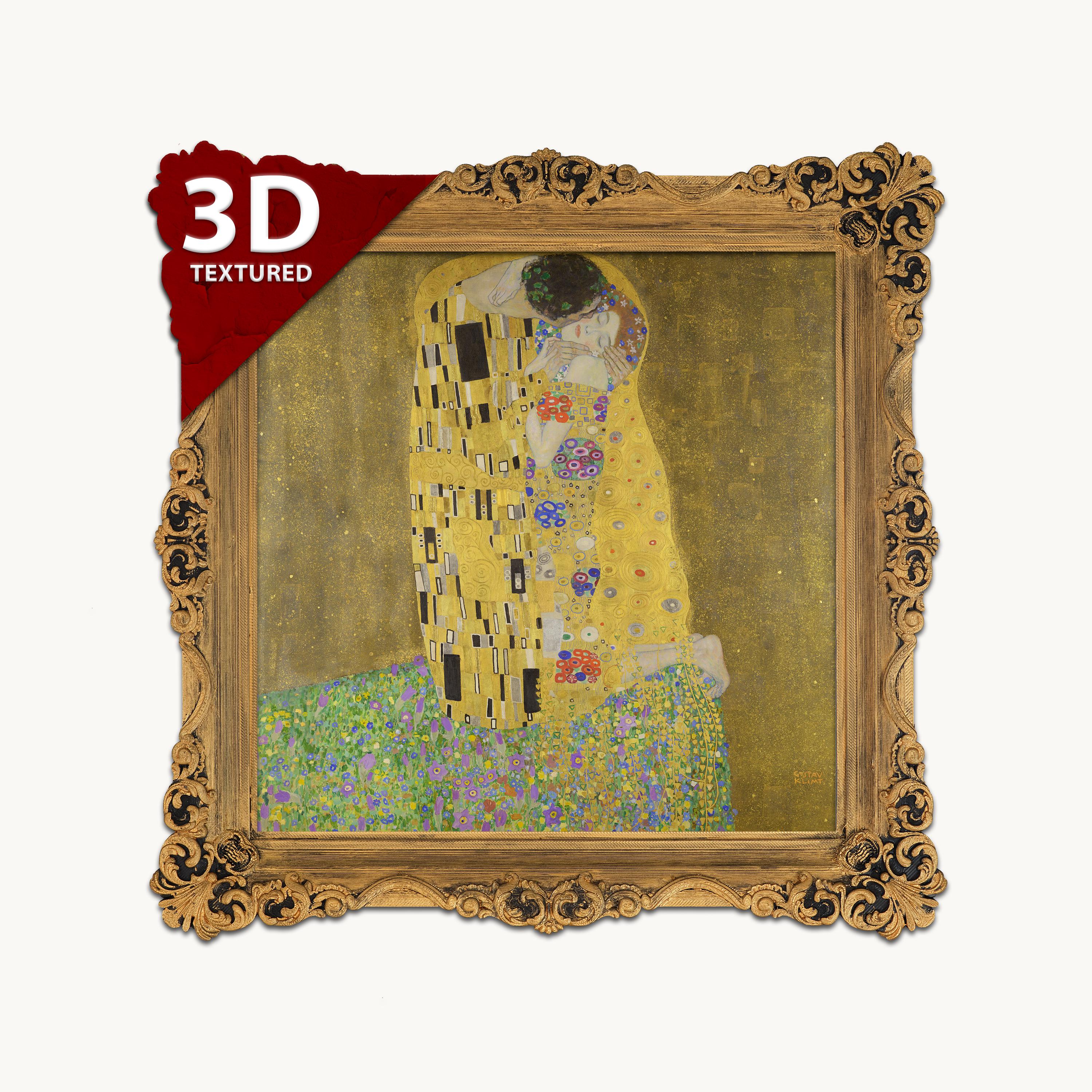 グスタフ・クリムト作「接吻」：3Dテクスチャードアートプリント