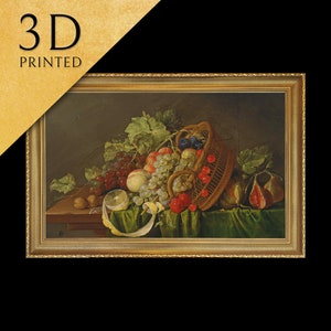 コルネリス・デ・ヘーム作「果物かごのある静物画」は、質感と筆使いで 3D プリントされており、オリジナルの油絵のように見えます。