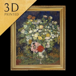 Ramo de flores en un jarrón de Van Gogh, impreso en 3D con textura y pinceladas, parece una pintura al óleo original.