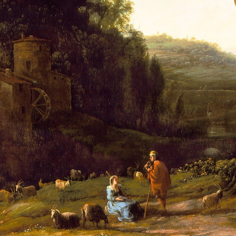 May include: A pastoral landscape painting featuring a water mill, rolling hills, and a shepherd with a flock of goats. A woman in a blue dress sits on the grass. The scene is bathed in warm light, evoking a sense of tranquility.