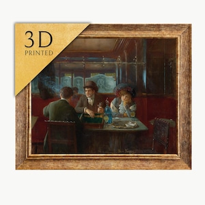 May include: A framed print of a painting depicting three people sitting at a table in a dimly lit cafe, with a gold corner banner reading 3D PRINTED. The scene shows two men and a woman with a game board, a blue bottle, and glasses on the table.