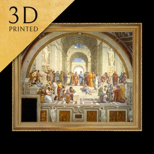 La Scuola di Atene di Raffaello Sanzio, stampata in 3d con texture e pennellate sembra un dipinto ad olio originale