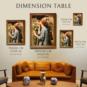 May include: A dimension table displaying four framed art prints of a person smelling a rose in a garden. Sizes listed include 35x50 cm (13x19 in), 50x70 cm (19x27 in), 70x100 cm (27x39 in), and 100x140 cm (39x55 in), each with a 10 cm frame addition.