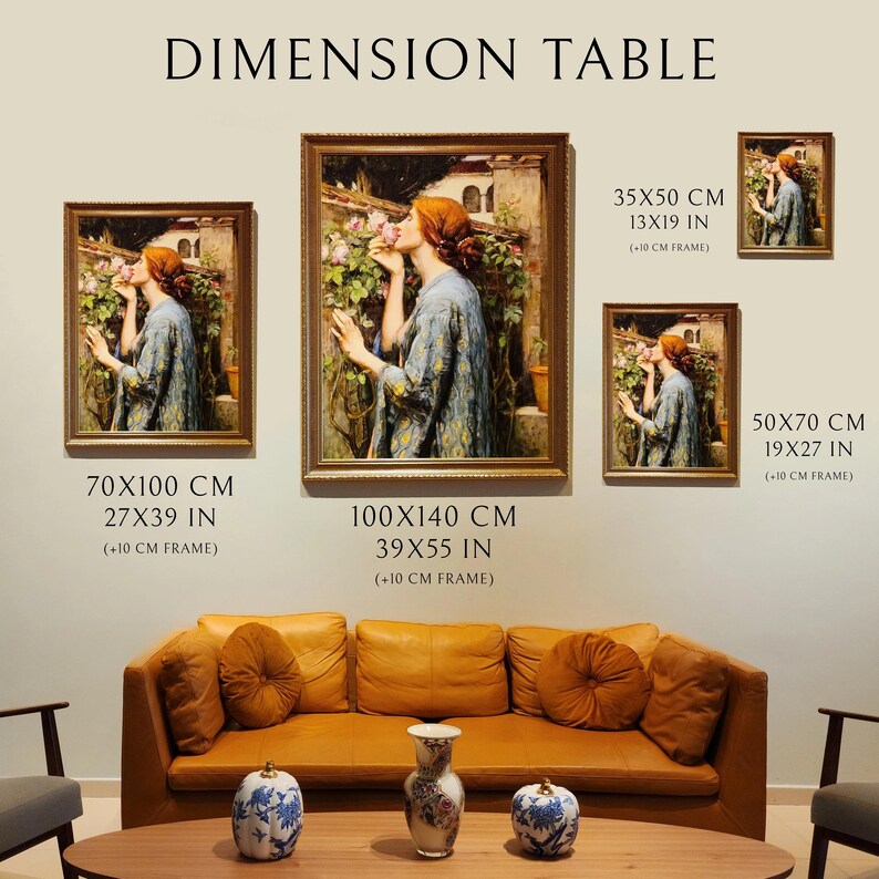 May include: A dimension table displaying four framed art prints of a person smelling a rose in a garden. Sizes listed include 35x50 cm (13x19 in), 50x70 cm (19x27 in), 70x100 cm (27x39 in), and 100x140 cm (39x55 in), each with a 10 cm frame addition.