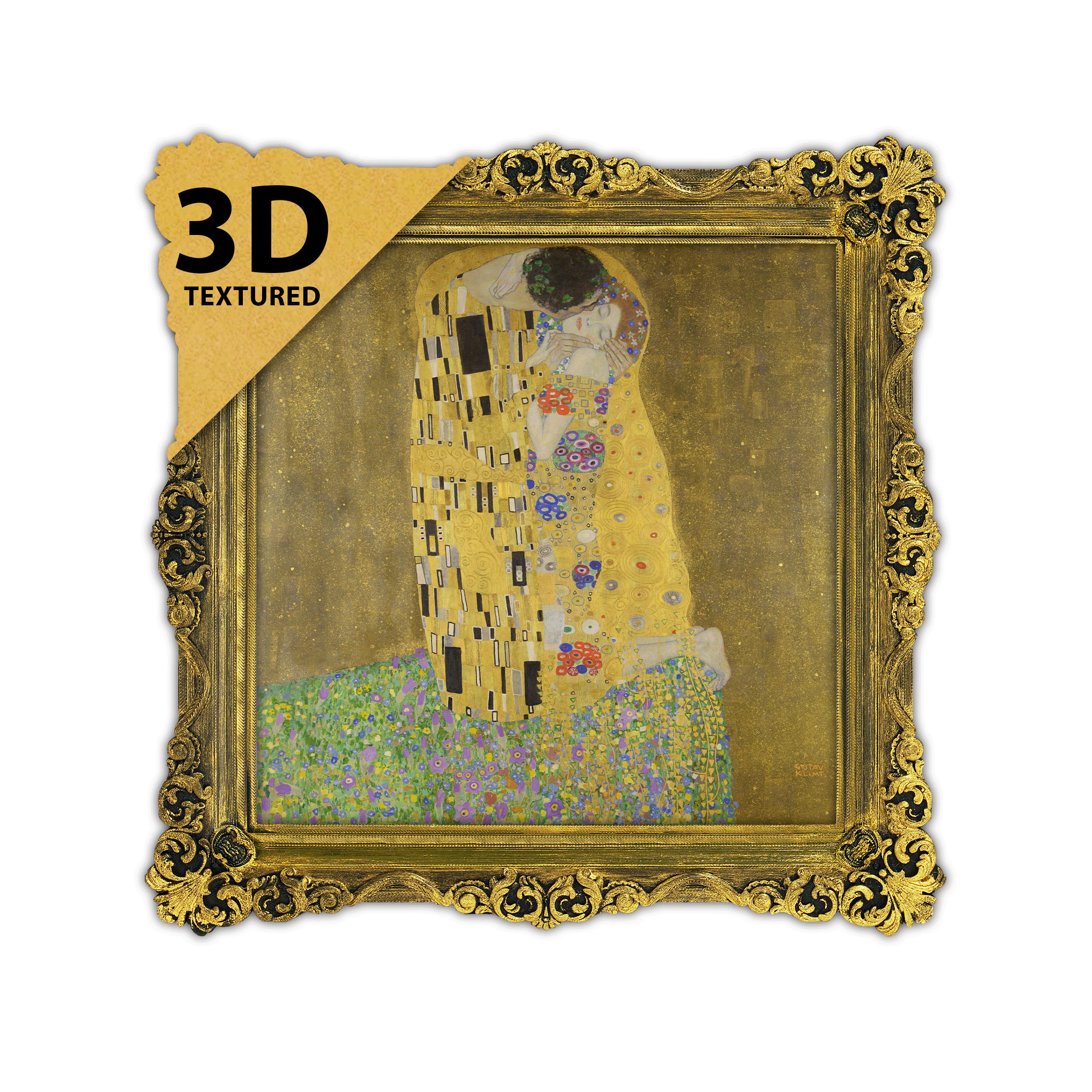 グスタフ・クリムト作「接吻」：3Dテクスチャードアートプリント