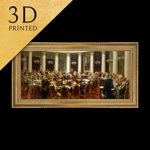 Sesión ceremonial del Consejo de Estado por Ilya Repin, impresa en 3D con textura y pinceladas que parece una pintura al óleo original.