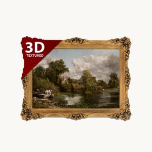 Puede incluir: Un óleo de paisaje en un marco dorado decorativo con detalles negros ornamentados. La escena muestra un río con un barco, árboles y una cabaña bajo un cielo nublado. Una pancarta roja en la esquina con texto blanco dice 3D TEXTURED.