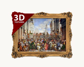 May include: A framed reproduction of The Wedding Feast at Cana painting, featuring a large group of figures in classical attire within an architectural setting. A red corner banner displays the white text 3D TEXTURED.