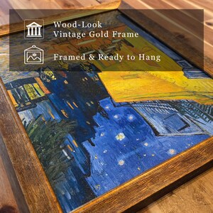 May include: A framed art print featuring a reproduction of a night scene with deep blue tones and yellow highlights, encased in a wood-look vintage gold frame. The text on the image reads: Wood-Look Vintage Gold Frame and Framed & Ready to Hang.