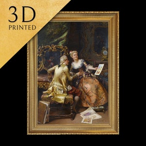 May include: 3D printed framed artwork showing a historical scene with two figures in elaborate attire. The artwork has a gold frame and the text "3D PRINTED" in the upper left corner. The scene depicts a man and woman looking at drawings.