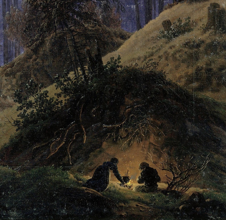 May include: An oil painting depicting two figures sitting by a small campfire at the base of a dark, tree-covered hill. One figure reaches toward the fire with a dark pot, while the other sits nearby. The scene is set in a forest at night.