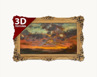 Puede incluir: Un cuadro de paisaje rectangular en un marco dorado decorativo con volutas ornamentadas. La obra representa un atardecer con nubes oscuras, luz naranja y amarilla, y una línea de horizonte. Una etiqueta roja muestra el texto 3D TEXTURED.