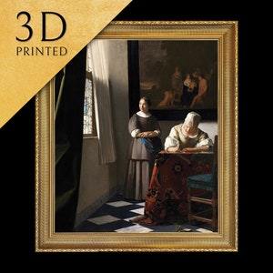 Mulher escrevendo uma carta com sua empregada por Johannes Vermeer, impressa em 3D com textura e pinceladas parece uma pintura a óleo original