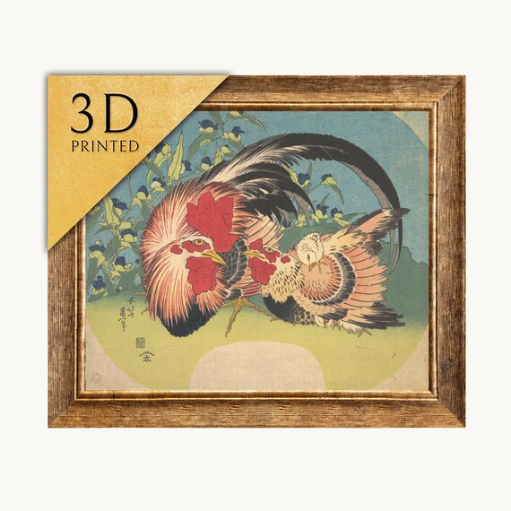 葛飾北斎の雄鶏と雌鶏の版画：立体感のある日本の美術作品 - Etsy 日本