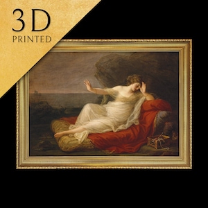 Könnte beinhalten: Ein Gemälde einer Frau in einem weißen Kleid, die auf einem roten Kissen liegt. Sie blickt nach unten und ihre Hand ist an ihren Kopf erhoben. Der Hintergrund ist eine dunkle Landschaft mit einem felsigen Felsvorsprung.