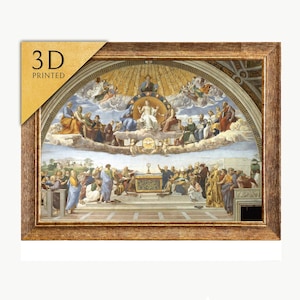 May include: A framed 3D printed reproduction of Raphael's Disputation of the Holy Sacrament. The artwork features a multi-layered religious scene with figures in the upper celestial realm and a lower terrestrial gathering around an altar.
