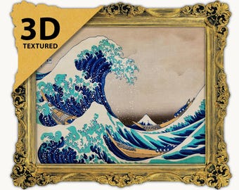 葛飾北斎の神奈川沖浪裏の版画、テクスチャ加工3Dアート - Etsy 日本