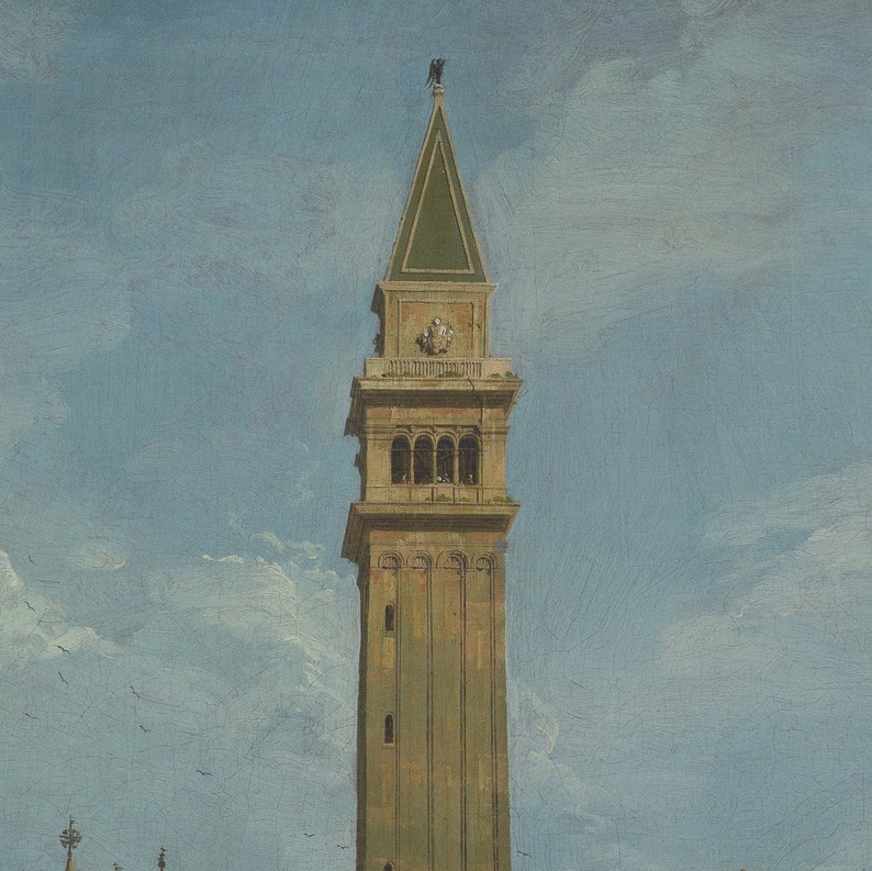 Puede incluir: Una pintura al &oacute;leo de un alto campanario de piedra color canela con un techo puntiagudo verde coronado por una peque&ntilde;a figura oscura. La estructura presenta un campanario abierto con ventanas arqueadas y un emblema decorativo.