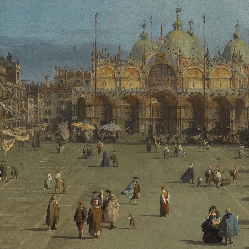 Puede incluir: Una pintura al &oacute;leo que representa la Bas&iacute;lica de San Marcos en Venecia, con sus c&uacute;pulas ornamentadas y fachada arqueada. El primer plano muestra una gran plaza abierta con numerosas figuras con ropa de &eacute;poca y puestos de mercado.