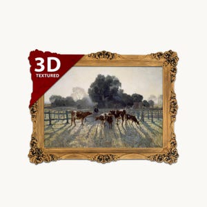 Puede incluir: Un cuadro de paisaje enmarcado que muestra un grupo de vacas marrones y blancas en un pastizal cercado al amanecer. El marco dorado ornamentado tiene detalles decorativos oscuros. Una esquina roja muestra el texto 3D TEXTURED.