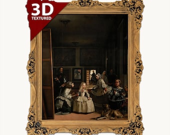 May include: A framed reproduction of the painting Las Meninas by Diego Velázquez, featuring a group of figures in a room with a large canvas, a dog, and ornate gold-colored molding. The top left corner displays a red banner with the text 3D TEXTURED.