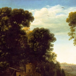 May include: An oil painting depicting a landscape with lush green trees, a cloudy sky, and a glimpse of a building with a tower. The artwork features a naturalistic style, with soft brushstrokes and a warm color palette.
