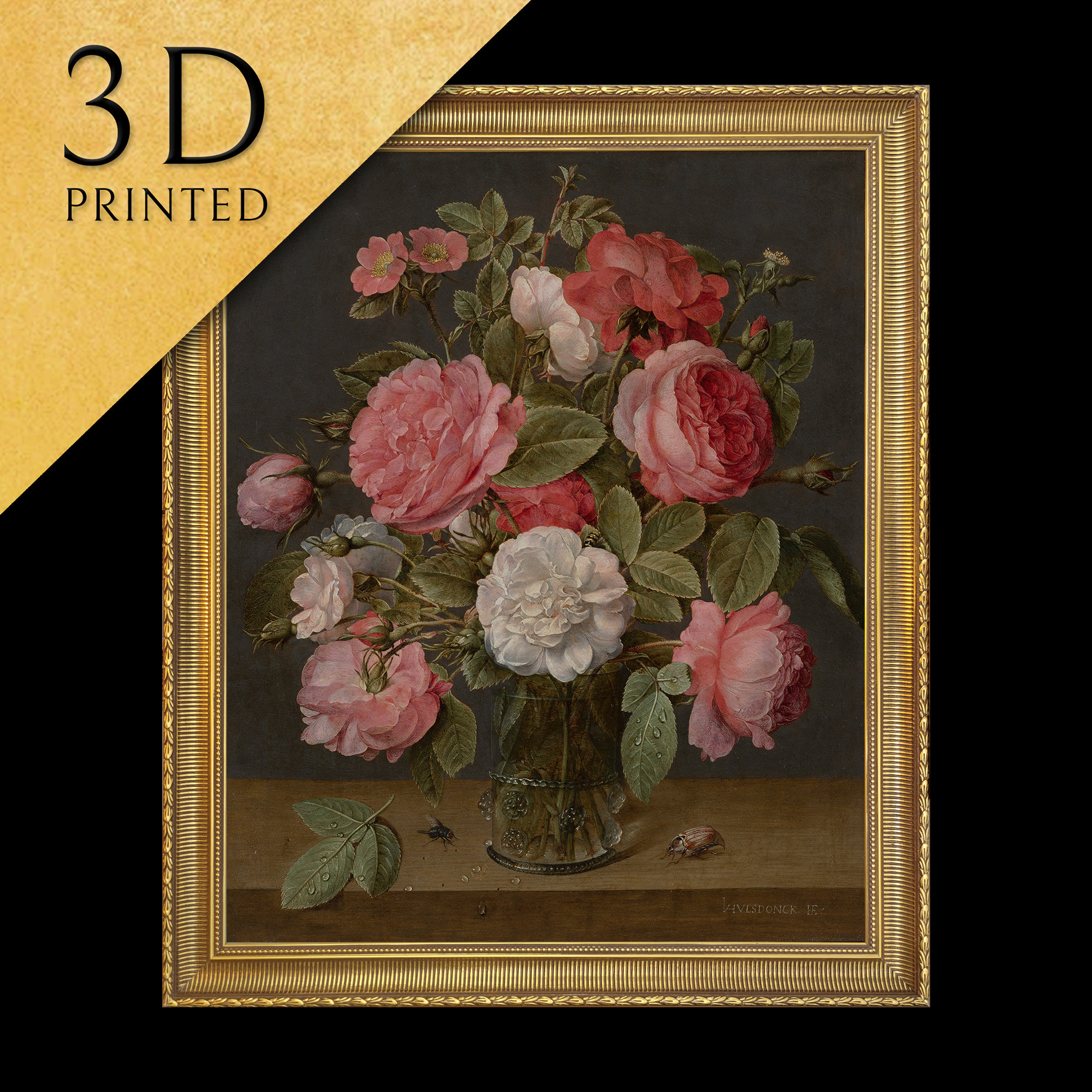 Roses in Glass Vase 3D Print: Jacob Van Hulsdonck Oil Painting